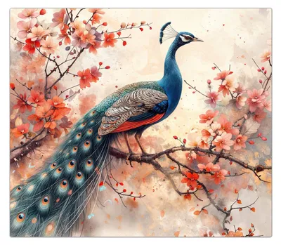 Produktbild von Spritzschutz Herdabdeckplatte Schneidebrett aus Glas Pfau und Blüten 1-Teilig (60x52cm)
