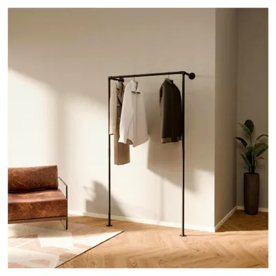 Produktbild von Wandmontierte Kleiderstange mit 120 kg Tragfähigkeit - Offener Kleiderschrank im Industrial Stil aus Metallrohren - stabil und robust