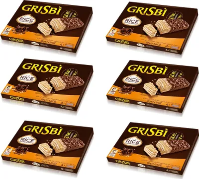 Produktbild von 6x Matilde Vicenzi Grisbi Snack Rice con Riso Soffiato Kekse Waffel mit Milchcreme überzogen mit Schokolade und Puffreis 120g ( 4 x 30g )