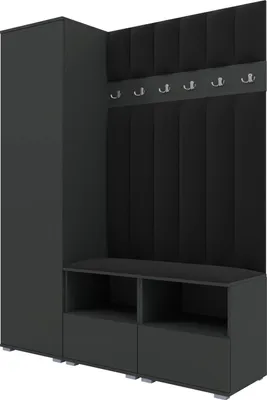 A dark gray corner wardrobe with a padded back panel, coat hooks, and a bench with storage.