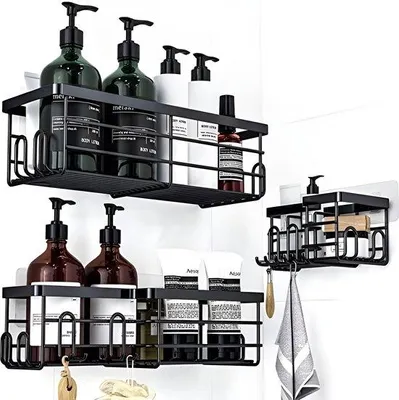 Produktbild von PolkaHome® Duschregal ohne Bohren, 3-teilig, schwarz, rostfrei, für Shampoo und Duschgel