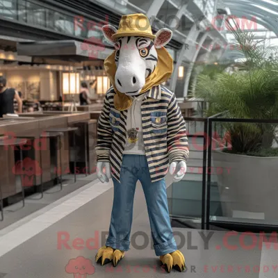 Produktbild von Maskottchenfigur REDBROKOLY eines goldenen Zebras mit Chambray-Hemd und Hutnadeln