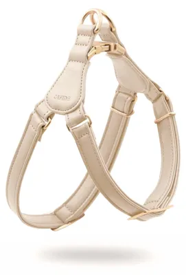 Produktbild von Jala Hundegeschirr Beige L (44–56 cm Brust, 38–49 cm Hals) – Step-In Geschirr aus veganem Lignify® Leder, handgemacht in Europa, mit Zamak-Sicherheitsverschluss, nachhaltig & stabil