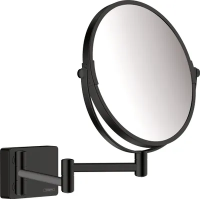 A black wall-mounted makeup mirror with an extendable arm.