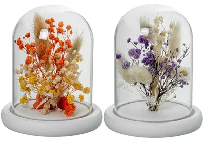 Produktbild von DRW Set mit 3 Glasfans, mit Holzsockel und künstlichen Blumen in natürlichen und