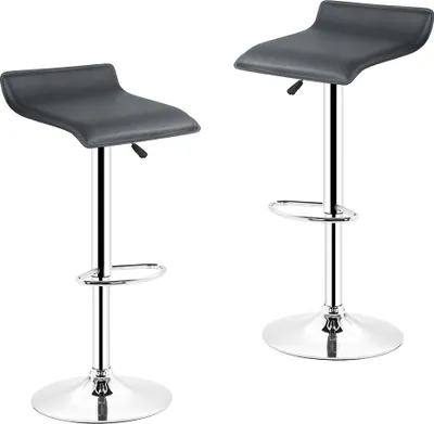 Two modern bar stools with gray upholstered seats and chrome bases are shown against a white background.