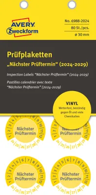 Produktbild von AVERY Zweckform Prüfplaketten "Nächster Prüftermin" 2025-30 gelb 80 Etiketten