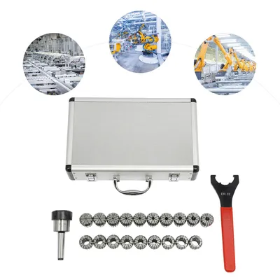 Obrázek produktu pro Sada upínacích kleštin ER32 – upínací sklíčidlo MTB2 ER32 M10 – upínací rozsah 1–20 mm – legovaná ocel – excentrická upínací matice 60° – klíč 250 mm