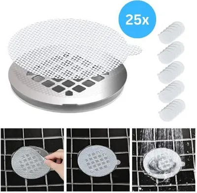Produktbild von mormark, Abfluss-Haarsieb Gitteraufkleber, Badewanne, 25 Stück, ca. 9 cm, Einwegartikel, wasserfester Klebstoff, für Metall, Kunststoff und Fliesen
