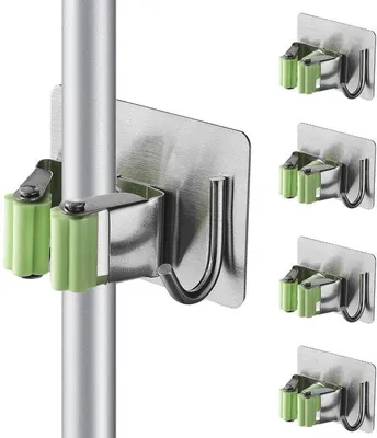 Imagen del producto de Soportes autoadhesivos de acero inoxidable para escobas, para montaje en pared, juego de 4 unidades, color verde, con ganchos, sin necesidad de taladrar, para mangos de Ø 1,8–3,2 cm, capacidad de carga de 10 kg