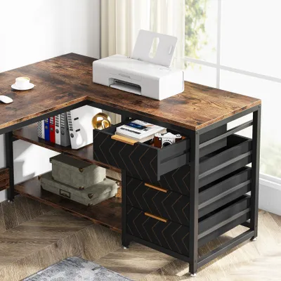 Produktbild von Tribesigns L-förmiger Schreibtisch, 150 cm Eckschreibtisch mit Regalen, umkehrbarer L-förmiger Bürotisch Studie Schreibtisch Arbeitsplatz, Braun