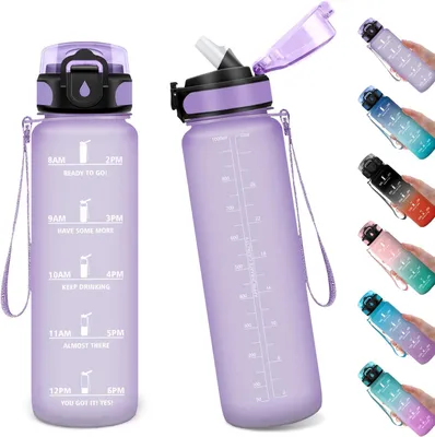 Produktbild von Fitnessdrinkflasche mit Strohhalm, 1 Liter, mit Zeitmarkierung, wiederverwendbar, für Sport und Camping