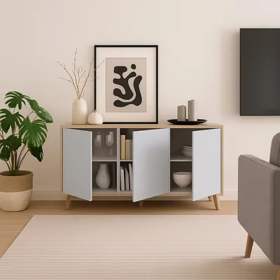 Produktbild von Anrichte Dacell, Modernes Sideboard mit 3 Türen und Einlegeböden, Küchenbuffet, Wohnzimmer-Design-Buffet, 154x40h75 cm, Eiche und Weiß