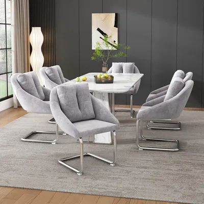 Image de Ensemble de 6 chaises de salle à manger en velours, avec coussins, de style luxueux, pivotantes, avec des pieds incurvés, de couleur grise