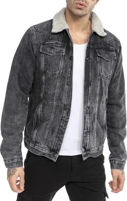 Produktbild von Red Bridge Herren Jeansjacke Trucker Sherpa Denim RBC Jeansjacke gefüttert Jacke Mantel Übergangsjacke Jeans Blue Denim Blau Schwarz L