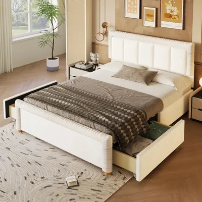 Obrázek produktu pro Postel STILVORA, čalouněná sametem, rozměr 140 x 200 cm, s 2 zásuvkami, dvojlůžko s úložným prostorem, postel pro mládež, barva: béžová