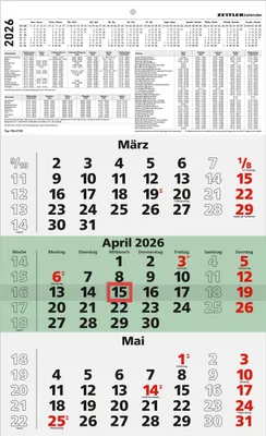 Produktbild von Zettler 3-Monatskalender grün Blauer Engel 2026 - Wandkalender 30 × 49 cm, 3 Monate pro Blatt mit Datumschieber, Jahresübersicht, Wochenzählung, Mondphasen, Ferien, Recyclingpapier, 12 Blatt