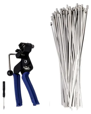 Produktbild von Kabelbinderzange mit 100 Edelstahl Kabelbinder, Metall Kabelbinder Zange Kabelbinderwerkzeug zum Befestigen und Schneiden Kabelbinder