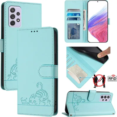 Produktbild von Leder Hülle für Samsung Galaxy A72 Süße Katze Flip Case Brieftasche Schutzhülle mit Standfunktion hellgrün