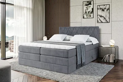 Produktbild von ALTDECOR Boxspringbett mit 2 Matratzen und Topper - 180x200 cm - LEPARO KING - Dunkelgrau Samt - Polsterbett mit, H3- und H4- Matratzen, Bettkasten und Lattenrost, Bett mit Stauraum