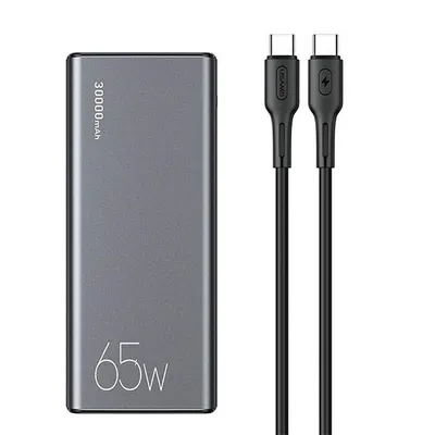A gray power bank and two black USB-C cables are displayed against a white background.