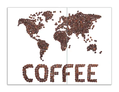 Produktbild von Wallario Herdabdeckplatte aus Glas, Größe 70 x 52 cm 2-teilig, Motiv Weltkarte mit Schriftzug aus Kaffeebohnen
