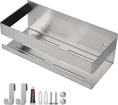 Produktbild von Famanu Duschregal aus Edelstahl, selbstklebend, mit 2 Haken, silber, platzsparend
