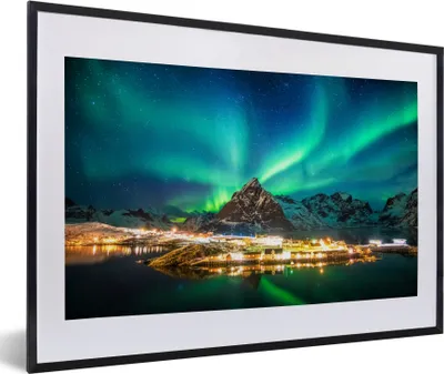 Produktbild von MuchoWow® MuchoWow® Gerahmtes Poster Nordlicht - Lichter - Berg - Norwegen 60x40 cm - Poster mit zchwarzem Bilderrahmen - Schlafzimmer - Plakat in Rahmen - Drucken