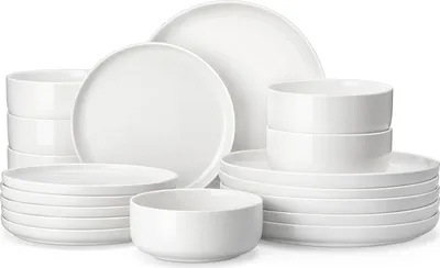 Produktbild von 18-teiliges Tafelservice Set für 6 Personen - Marmor-Effekt Porzellan - Inklusive flacher Teller, Dessertteller und Müslischalen