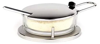 Parmesantopf mit Löffel, Glas, Edelstahlständer, 11 x 15 cm, 7 cm hoch