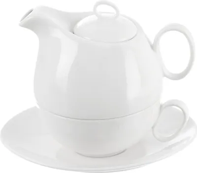 A white ceramic teapot and cup set stacked on a saucer, isolated on a white background.