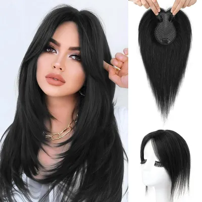 Image de Postiche pour femmes, 26 cm, couleur noire naturelle, à clipser, avec frange
