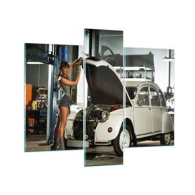 Produktbild von Bilder auf glas - Mädchen jung Auto Mechaniker - 95x80cm - Glasbilder - Wandbilder - Kunstdruck - zum Aufhängen bereit - Wanddekoration aus Glas - Glas Bilder - Wandbild auf Glas - GCB95x80-2426