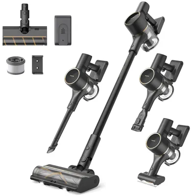 A collection of cordless vacuum cleaner parts and accessories displayed against a white background.