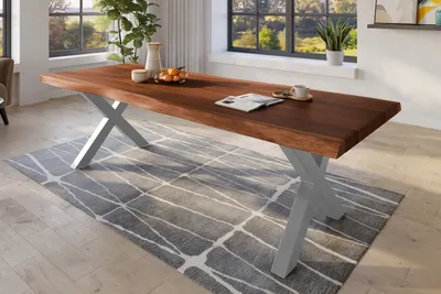 Produktbild von Baumkantentisch 280 x 110 cm Esstisch massiv Akazie Nussbaum X-Gestell Silber TITAN