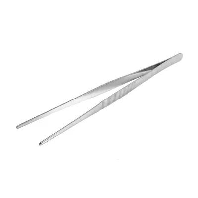 A pair of stainless steel tweezers on a white background.