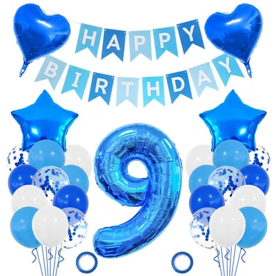 Ballon-Set 9. Geburtstag, blau, 81 cm Folienballon, Latexballons