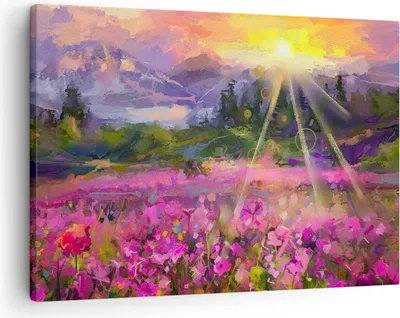 Produktbild von Bild auf Leinwand - Leinwandbild - Berge Blumen Blumen - 70x50cm - Wand Bild - Wanddeko - Wandbilder - Leinwanddruck - Bilder - Kunstdruck - Wanddekoration - Leinwand bilder - Wandkunst - AA70x50-4029