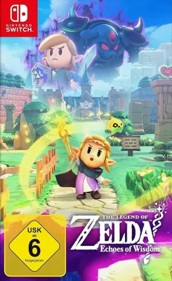 The image is a video game cover art for 'The Legend of Zelda: Echoes of Wisdom' on Nintendo Switch. It features characters from the game in a colorful, stylized environment.