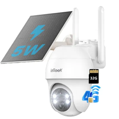 A white outdoor security camera with a solar panel attached.