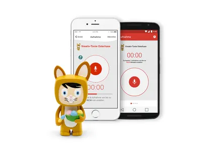 A toy figure of an Easter bunny holding a basket of eggs, with two smartphones displaying a recording app in the background.