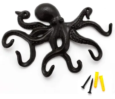 Productafbeelding van Vintage wandhaken van gietijzer, rustieke kleerhaken, octopus wandhaken, zwart met 6 tentakels
