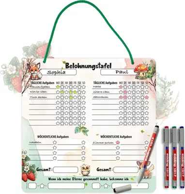 Produktbild von Belohnungstafel Kinder ab 3 - Aufgabenplaner Kinder inkl. 4 Markenstifte | Für zwei Kinder, Sternesystem zur Motivation | Abwischbar & wiederverwendbar | Ink. 4 Markenstifte | Ideal für Routine Planer Kinder
