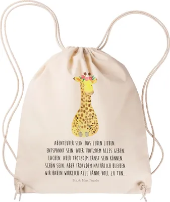 Produktbild von Mr. & Mrs. Panda Sportbeutel Giraffe Blumenkranz - Transparent - Geschenk, Afrika, Selbstliebe, Abenteurer, Turnbeutel, Freundin, Jutebeutel, wander rucksack, gym tasche