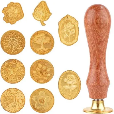 Produktbild von Wachsiegel Stempelset mit 10 Siegelwachs Stempelköpfen und Holz Handgriff - Kreativ für Wunschzarten und Dekoration