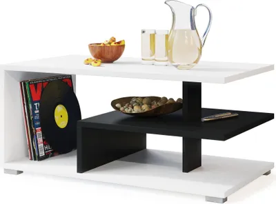 Produktbild von All4All Couchtisch Logo , kleiner Kaffeetisch , Wohnzimmertisch , Sofatisch mit Ablagen , Sofatisch , 90x50cm , 05 , Weiß + Schwarz
