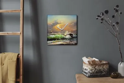 Produktbild von Coloray Hodiny Unikátní 30x30 cm  Tiché hodiny Pro obývací pokoj a kuchyň Nástěnné hodiny Plátno Bílé ručičky hodin - Vlny lodí západ slunce