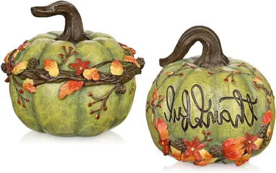 Productafbeelding van Kunstmatige Pompoenen - Nep Decoratie - Herfst Aankleding - Met Dankbare Tekst - 2 stuks - Groen