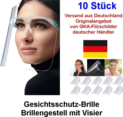 Produktbild von GKA 10 Stück Gesichtsschutz Visier mit Brillengestell Schutzbrille Brille Brillenschild Gesichtsschild Atemschutz Schutz ideal für Senioren und Brillenträger