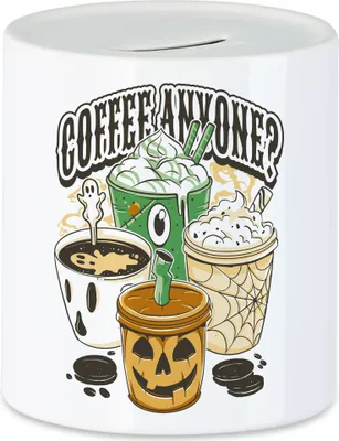 Produktbild von Coffe Anyone Spardose Milchkaffee Coffeelover Kaffee Kaffeeliebhaber Koffein Cappuccino Trick or Treat Halloween